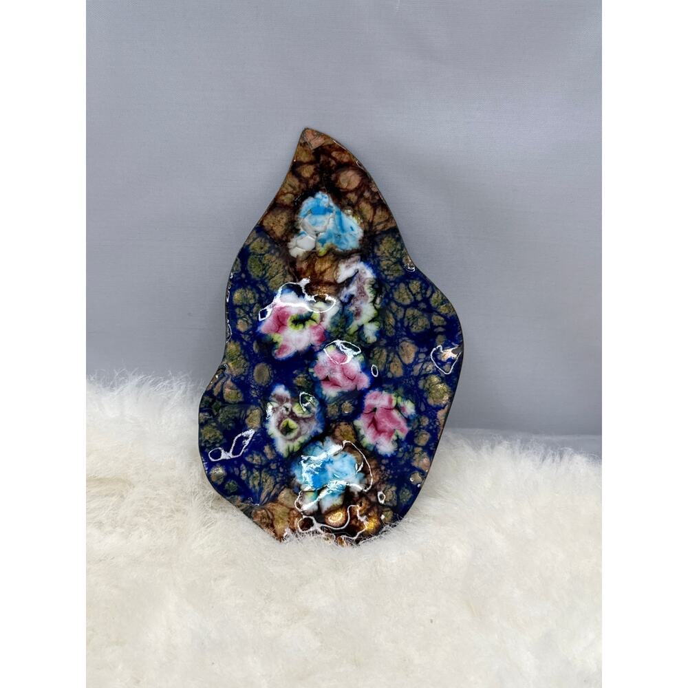 Vintage French Cobalt Blue Enamel Floral Trinket Dish Gold Leaf Accents - Picture 3 of 6